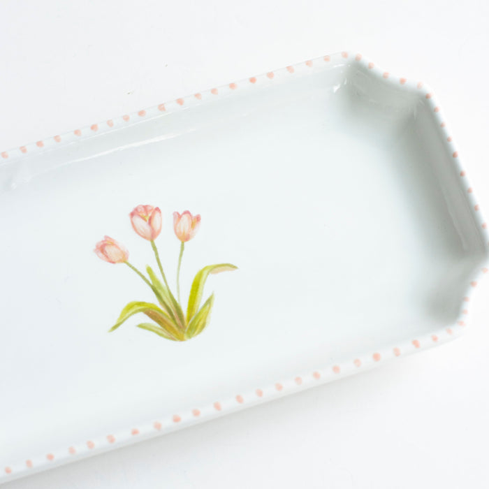 Tulip Petite Gold-Luster Stoneware Valet Tray — close view of painted tulips and the shaped rim; Susan Gordon Pottery