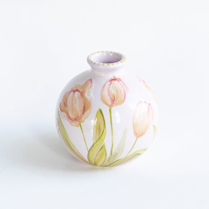 Tulip Potelé Stoneware Vase — Tulip Potelé vase showing its rounded body and painted flowers; Susan Gordon Pottery