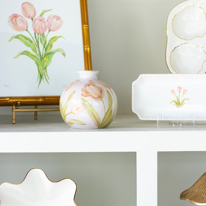 Tulip Potelé Stoneware Vase — vase in a shelf arrangement with separately sold Tulip art and tray; Susan Gordon Pottery
