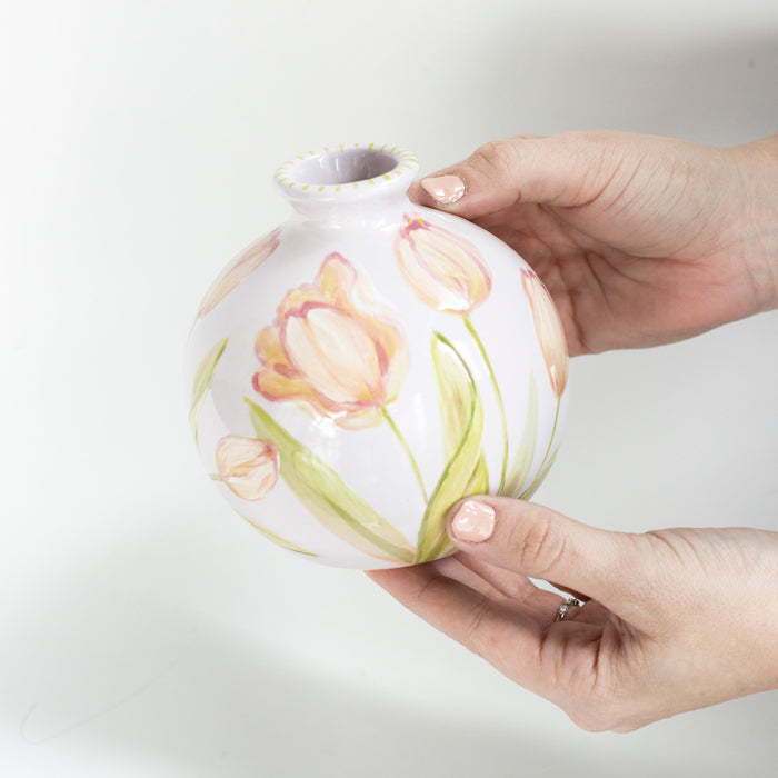 Tulip Potelé Stoneware Vase — hands holding the round Tulip vase; Susan Gordon Pottery