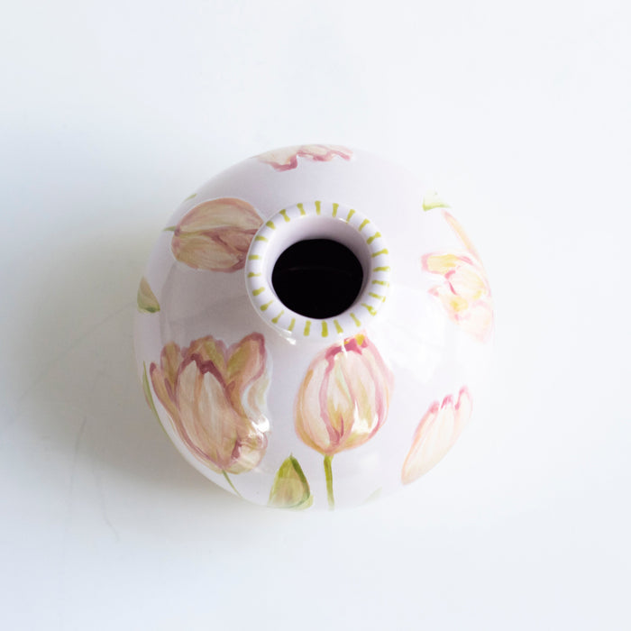 Tulip Potelé Stoneware Vase — overhead view of the small opening and floral painting; Susan Gordon Pottery