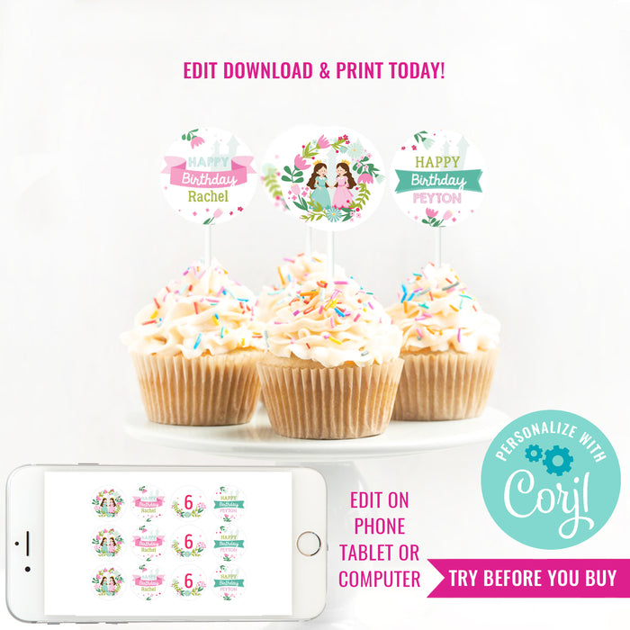 Twin-cess Birthday Party Cupcake Toppers | Twin Princess Party Toppers | Combined Girls Party Cupcakes