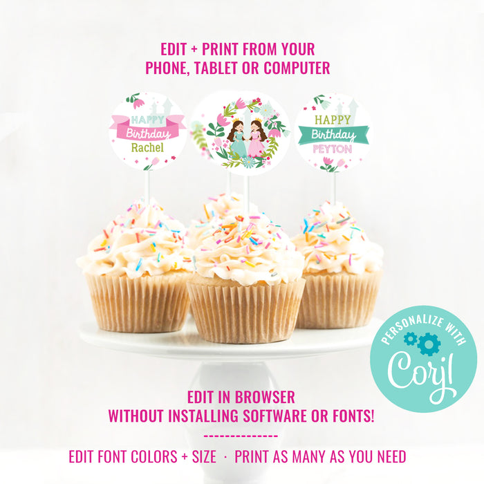 Twin-cess Birthday Party Cupcake Toppers | Twin Princess Party Toppers | Combined Girls Party Cupcakes