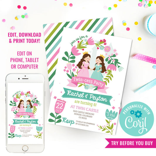 Twin-cess Birthday Party Invitation | Twin Princess Party Invitation | Twin Girls Party Invitation