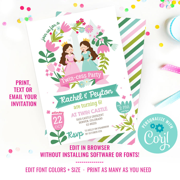 Twin-cess Birthday Party Invitation | Twin Princess Party Invitation | Twin Girls Party Invitation