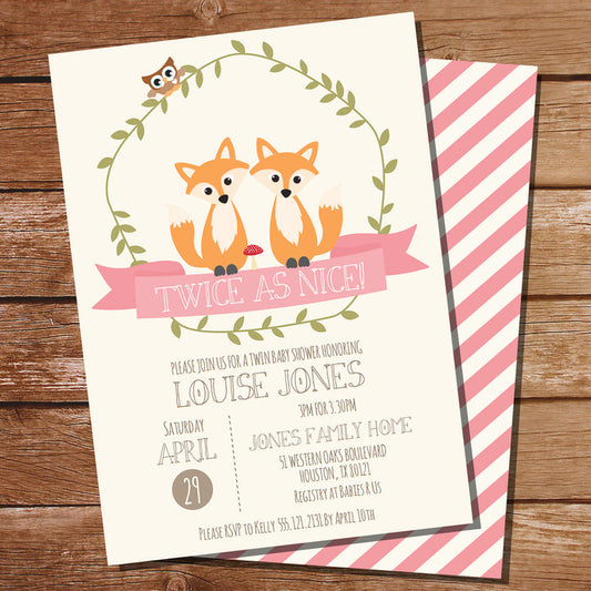 Twin Fox Baby Shower Invitation for Girls | Twin Baby Shower