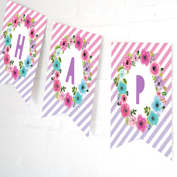 Unicorn Party Happy Birthday Banner | Floral Pastel Unicorn