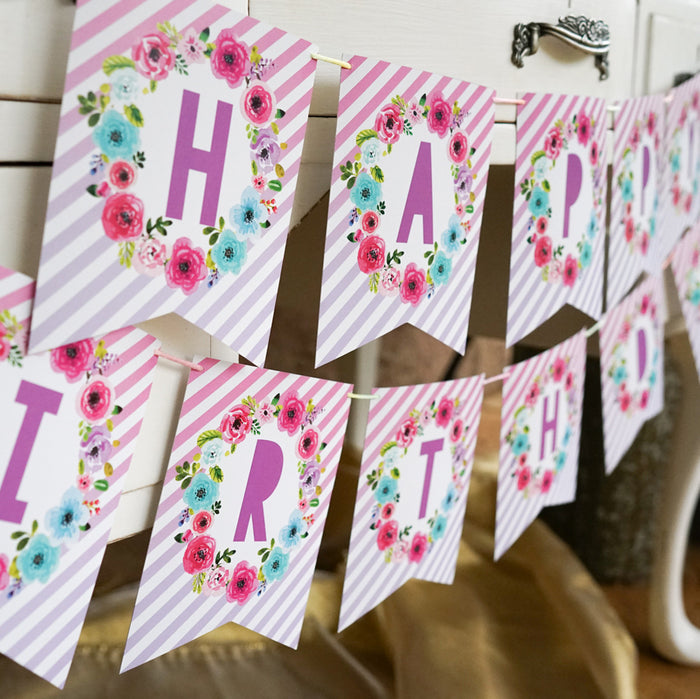 Unicorn Party Happy Birthday Banner | Floral Birthday Banner