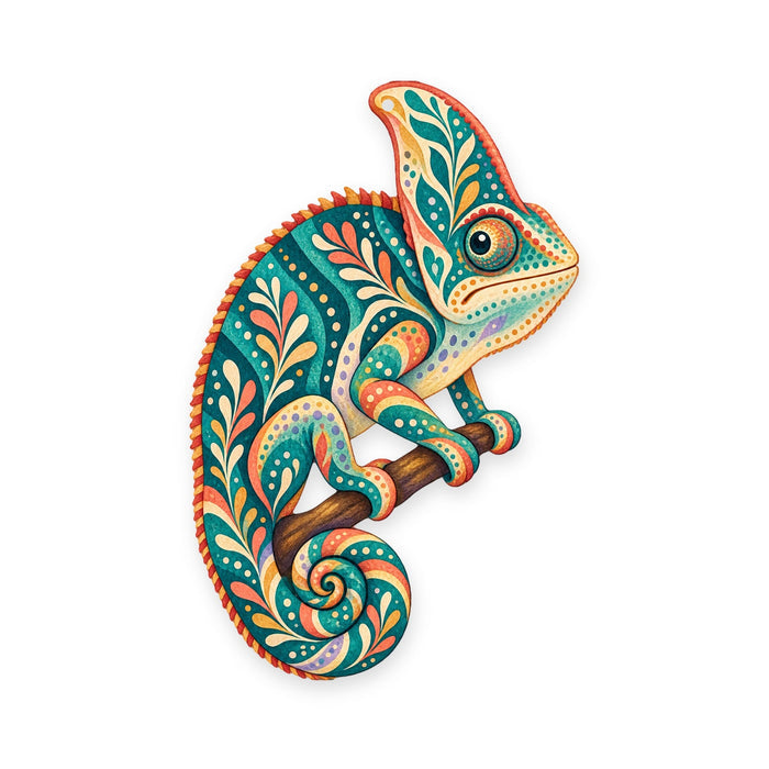 Veiled Chameleon folk art ornament O527 on white, laser-cut maple wood, made in USA