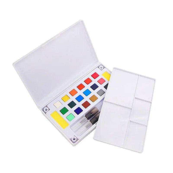 watercolor paint set with mixing palette and brush for art projects