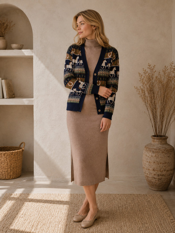 Woman in dress wearing Western Jacquard Knit Women's Cardigan, Organic Cotton