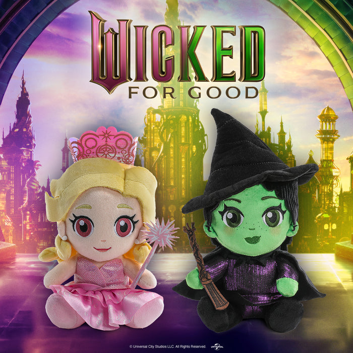 Wicked: For Good Glinda and Elphaba plush bundle featuring two soft, detailed plush toys of the Wicked characters.