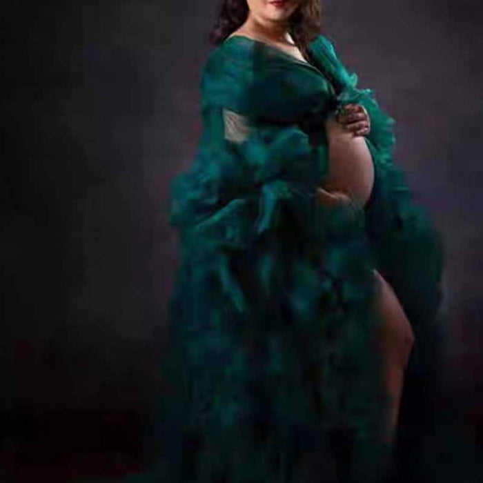 Women Long Sleeves Sheer Long Robe Puffy Tulle Robe Sheer for Maternity Dress