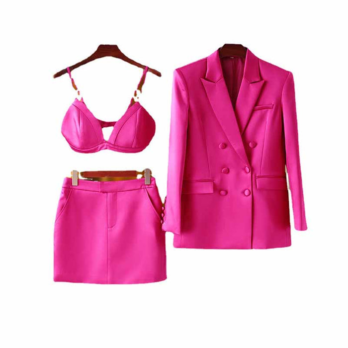 Women Loose fit Rose Blazer + Bra + Mini Skirt 3 Pieces Suit