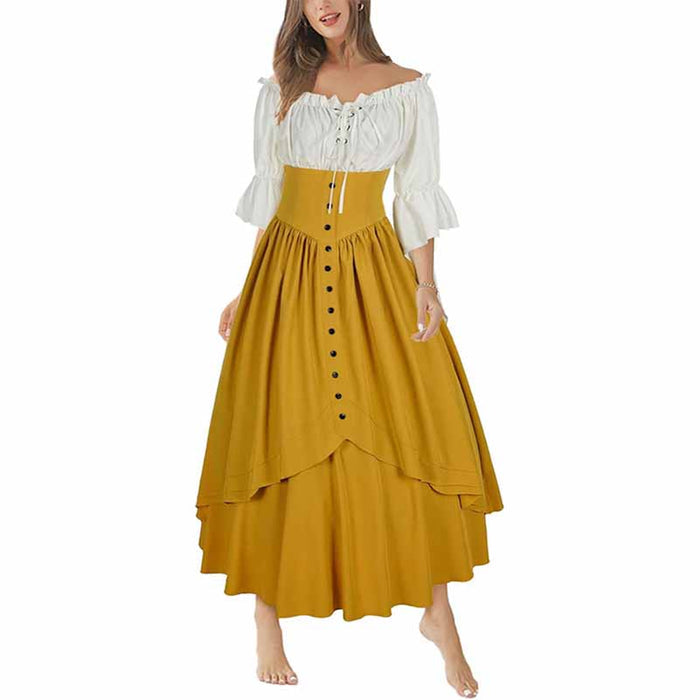 Women Renaissance Skirt 2 Pcs Set Vintage Button Skirt with Off Shoulder Shirt