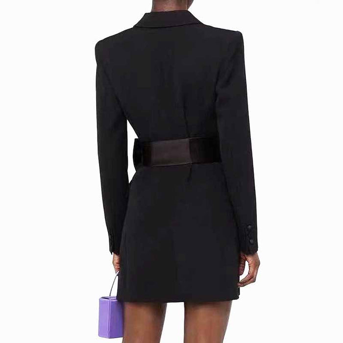 Women's Black Blazer Dress Satin V Neck Bow Embellished Mini Dress
