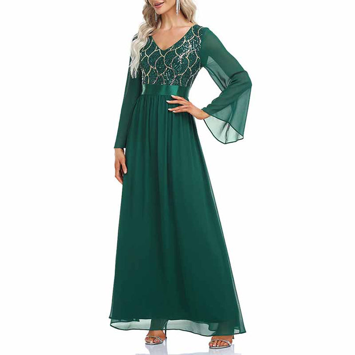 Women's Dark Green Long Sleeve Bridesmaid Dress Evening Maxi Dress