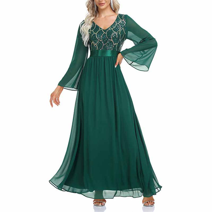 Women's Dark Green Long Sleeve Bridesmaid Dress Evening Maxi Dress