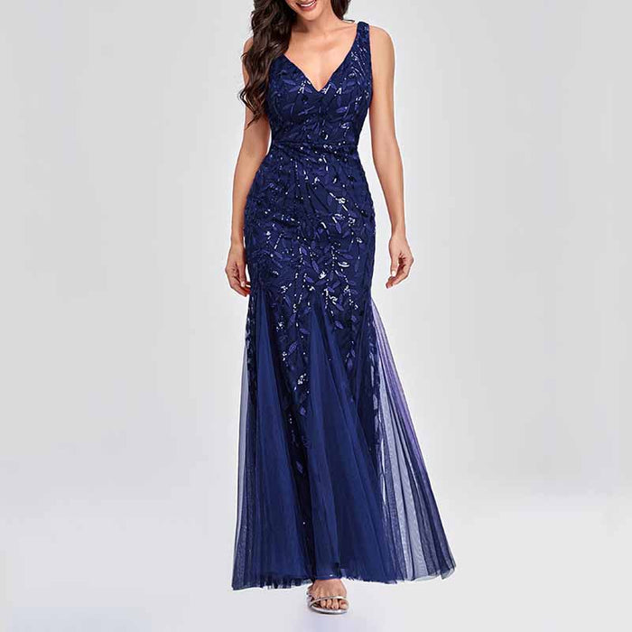 Women's Double V-Neck Sleeveless Mermaid Dress Evening Maxi Dress