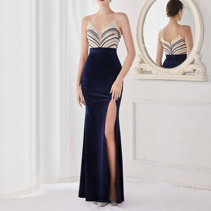 Women's Sexy V Neck Bodycon Sequin Gown Evening Dress with Slit