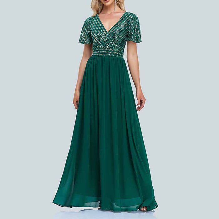 Women's V-Neck Short Sleeve Dark Green Party Evening Dress