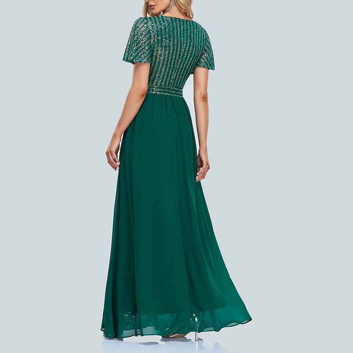 Women's V-Neck Short Sleeve Dark Green Party Evening Dress