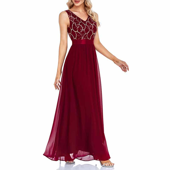Women's Wine red Sleeveless Bridesmaid Dress Evening Maxi Dress