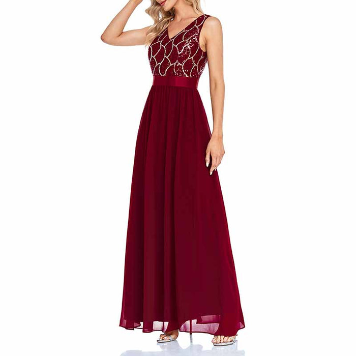 Women's Wine red Sleeveless Bridesmaid Dress Evening Maxi Dress