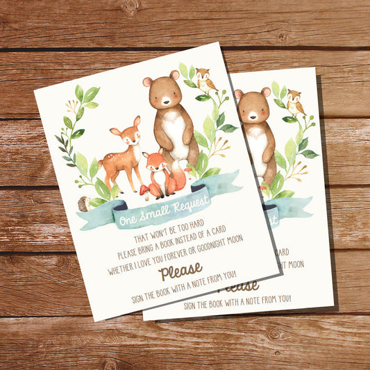 Woodland Baby Shower Bring A Book Card | Boy Woodland Baby Shower