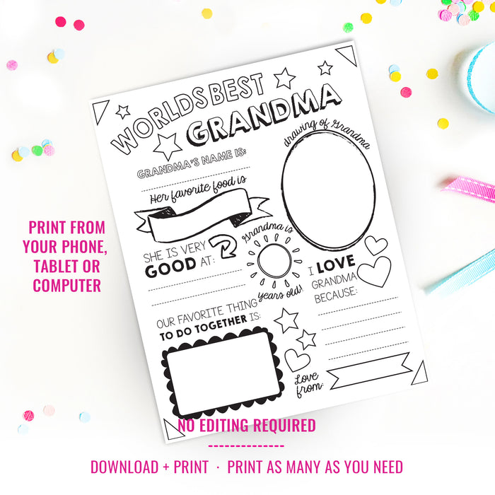 World's Best Grandma Coloring-In Page | Personalized Grandma's Day Gifts