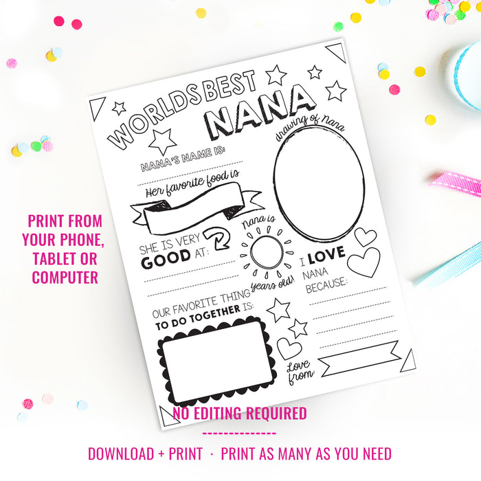 World's Best Nana Coloring-In Page | Personalized Nana's Day Gifts